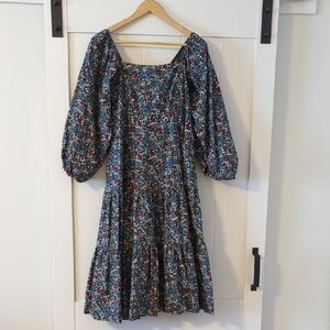 summersalt Navy Floral Puff-Sleeve Tiered Midi Dress